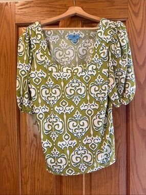 CeCe Olive Green and White Square-Neck Patterned Blouse